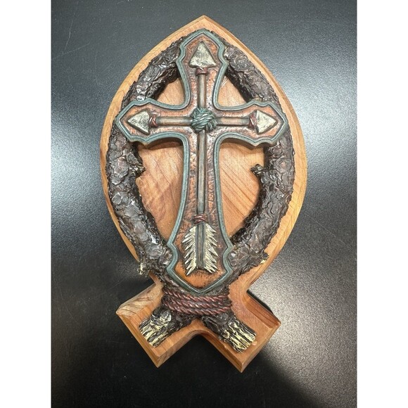 Wood-Resin Cross/ Fish Design  Religious Christian Decor - Picture 2 of 8